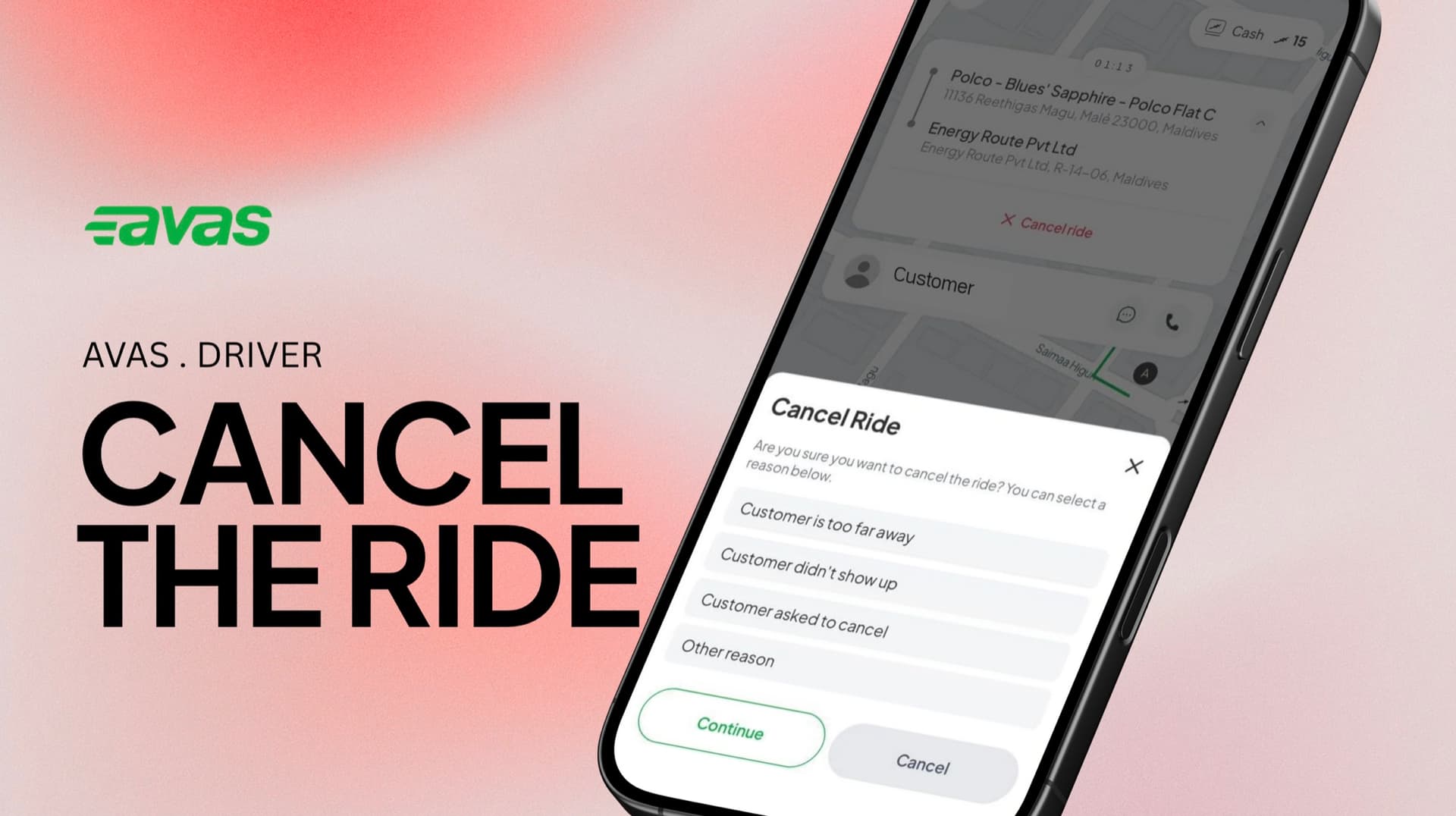 The Avas Driver app showing the Cancel Ride dialog with reason options