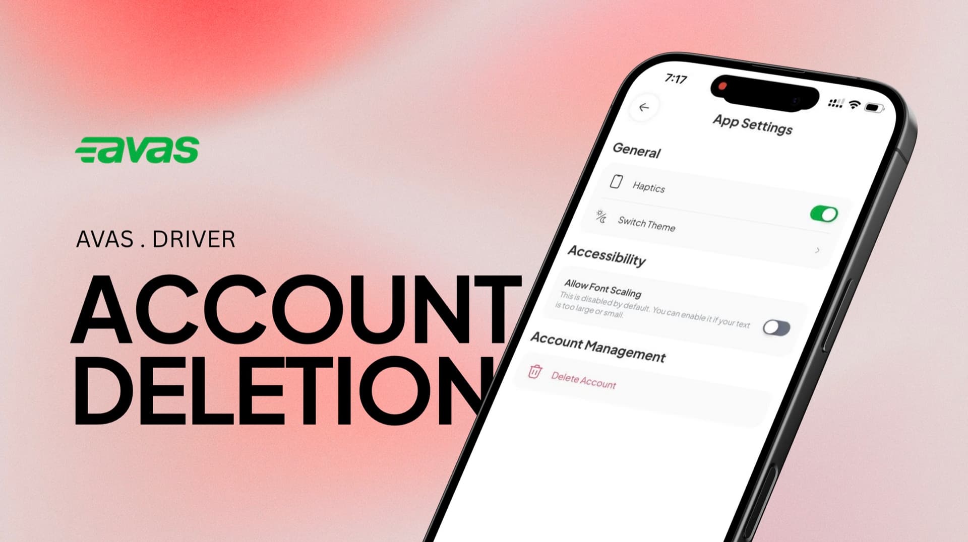 The Avas Driver app App Settings screen showing the Delete Account option