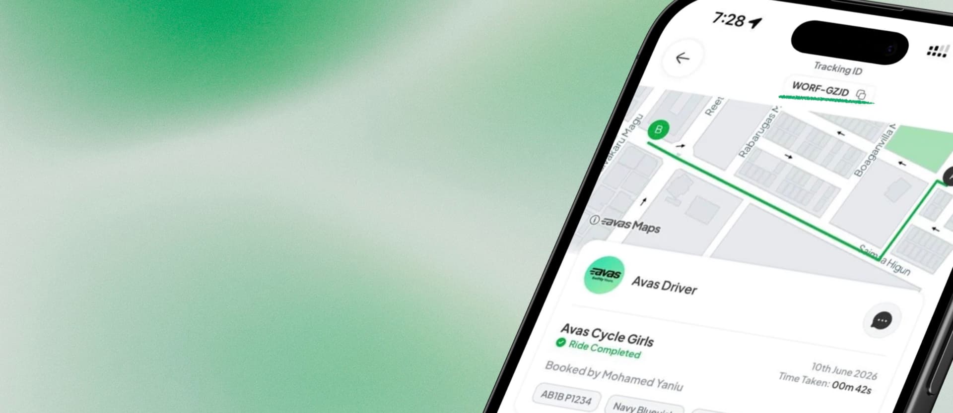 The Avas app trip screen with the Tracking ID (WORF-GZJD) shown at the top