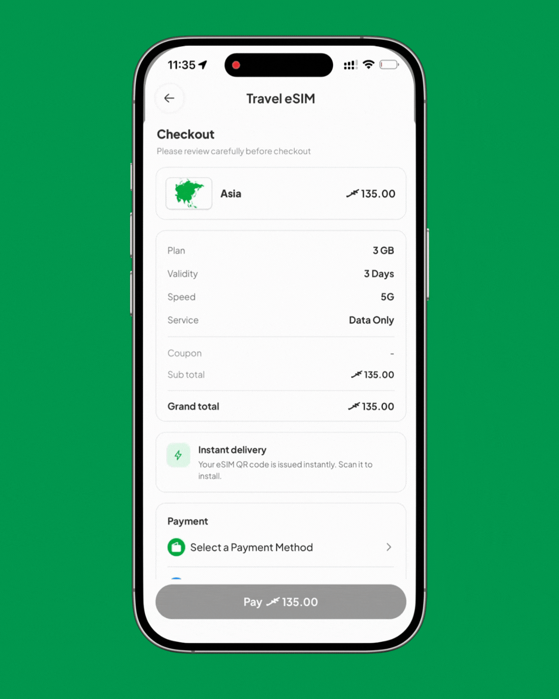 Paying for a travel eSIM in the Avas app, with the QR issued instantly