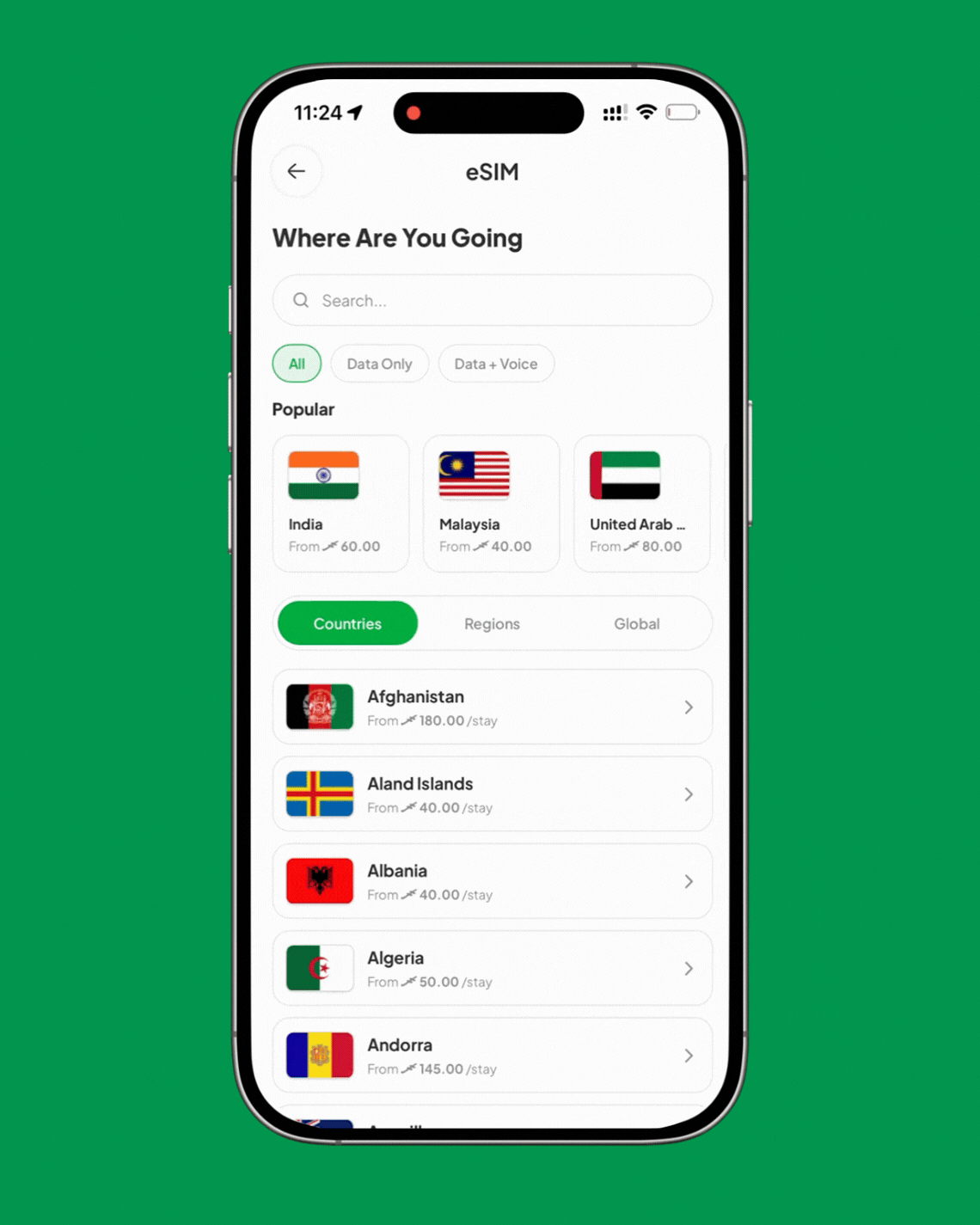 Choosing a destination country for a travel eSIM in the Avas app