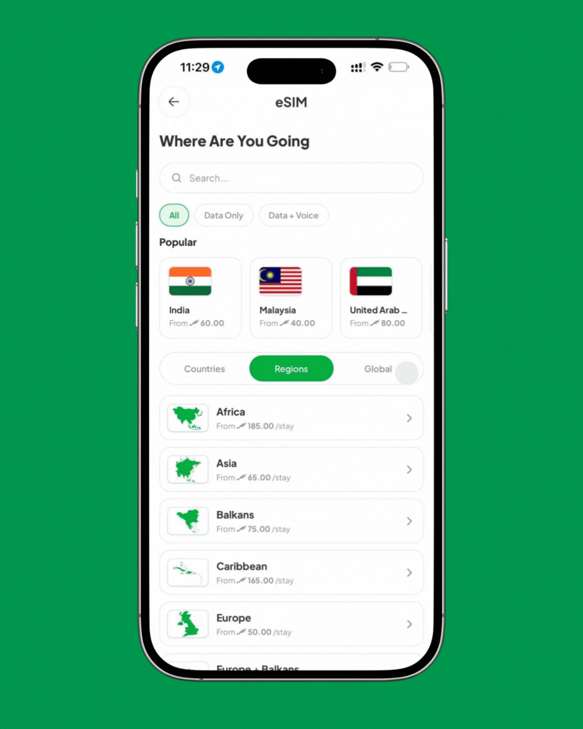 Choosing a global data package covering 130 countries in the Avas app