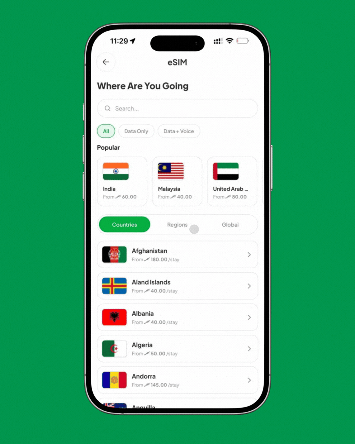 Choosing a regional data package covering Asia in the Avas app