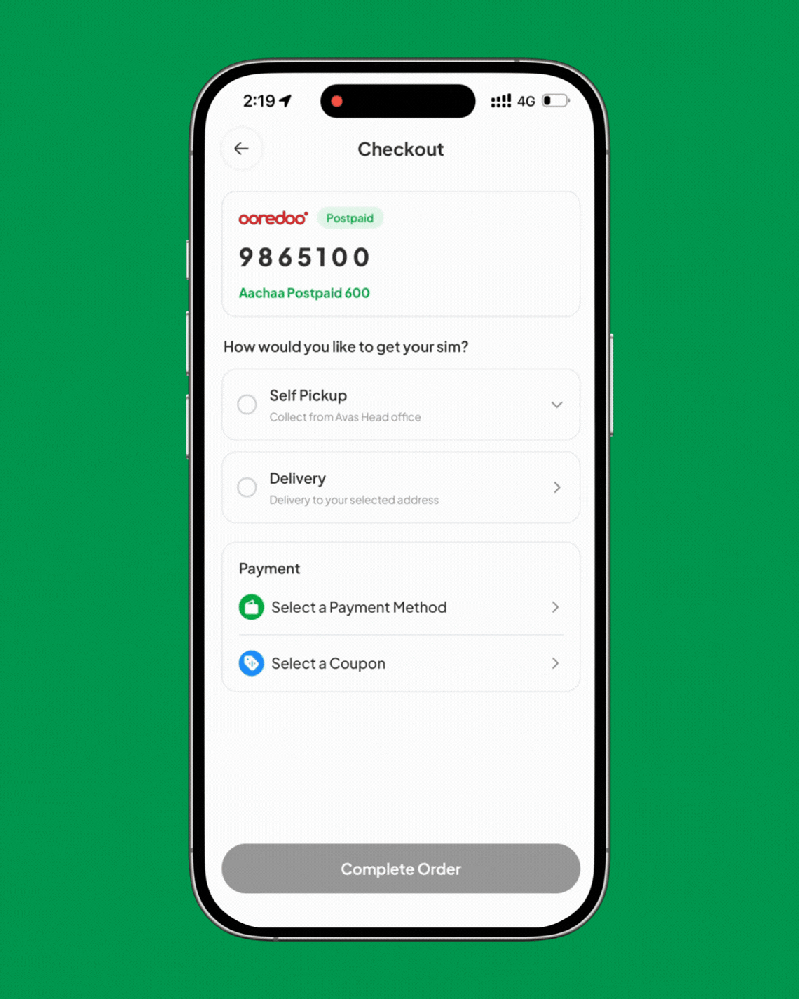 Choosing pickup or delivery and a payment method at checkout in the Avas app