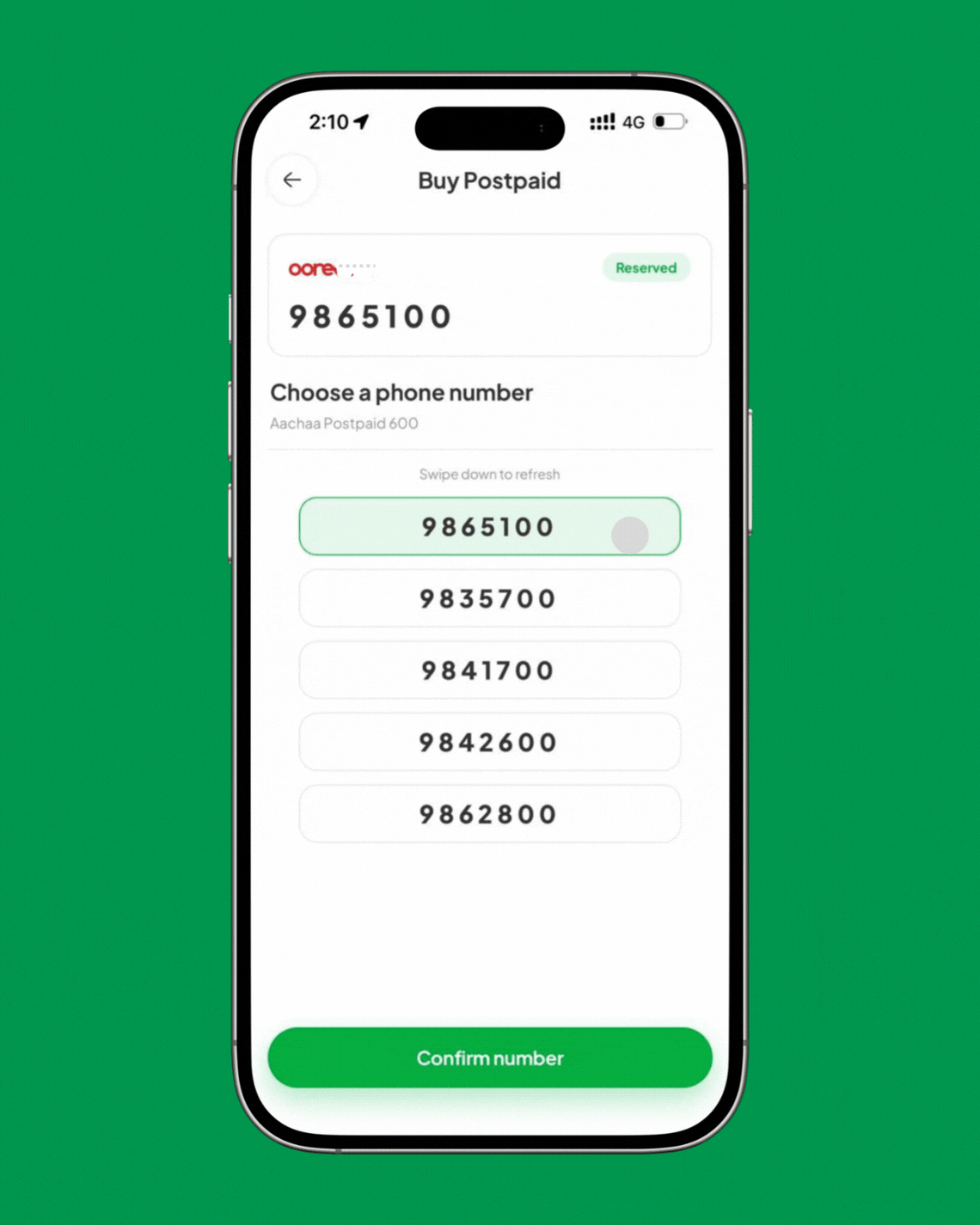 Choosing a phone number for a postpaid plan in the Avas app