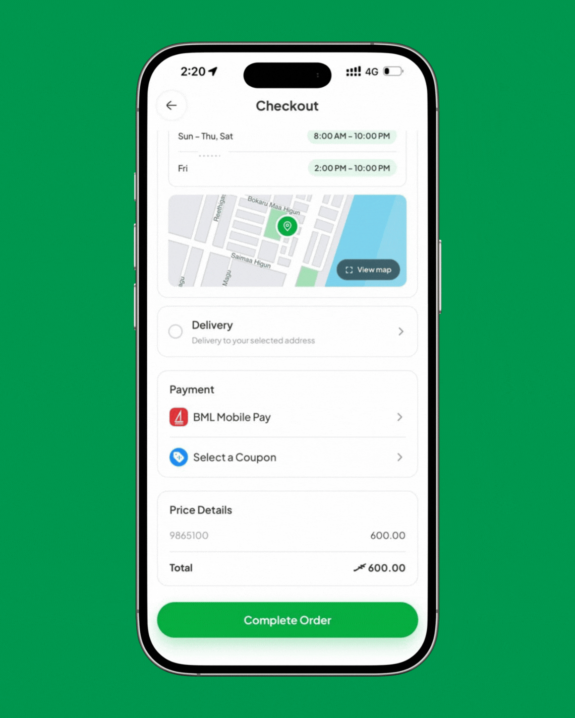 Reviewing the order and price before placing it in the Avas app