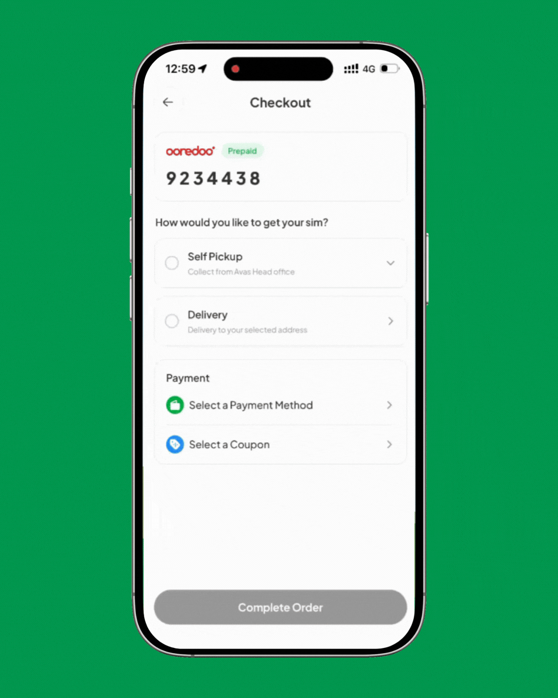 Choosing pickup or delivery and paying at checkout in the Avas app