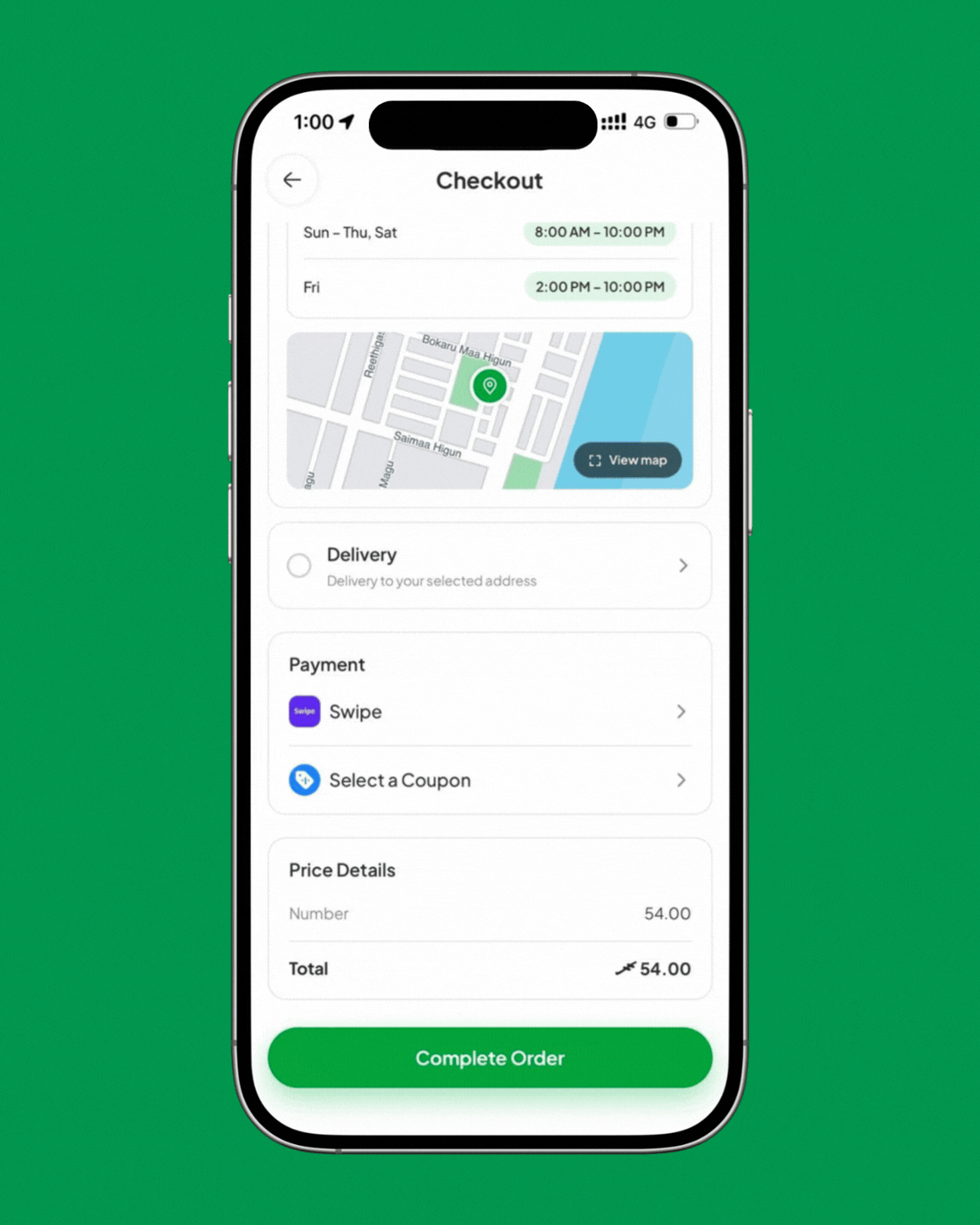 Reviewing pickup times, payment and price before placing the order in the Avas app
