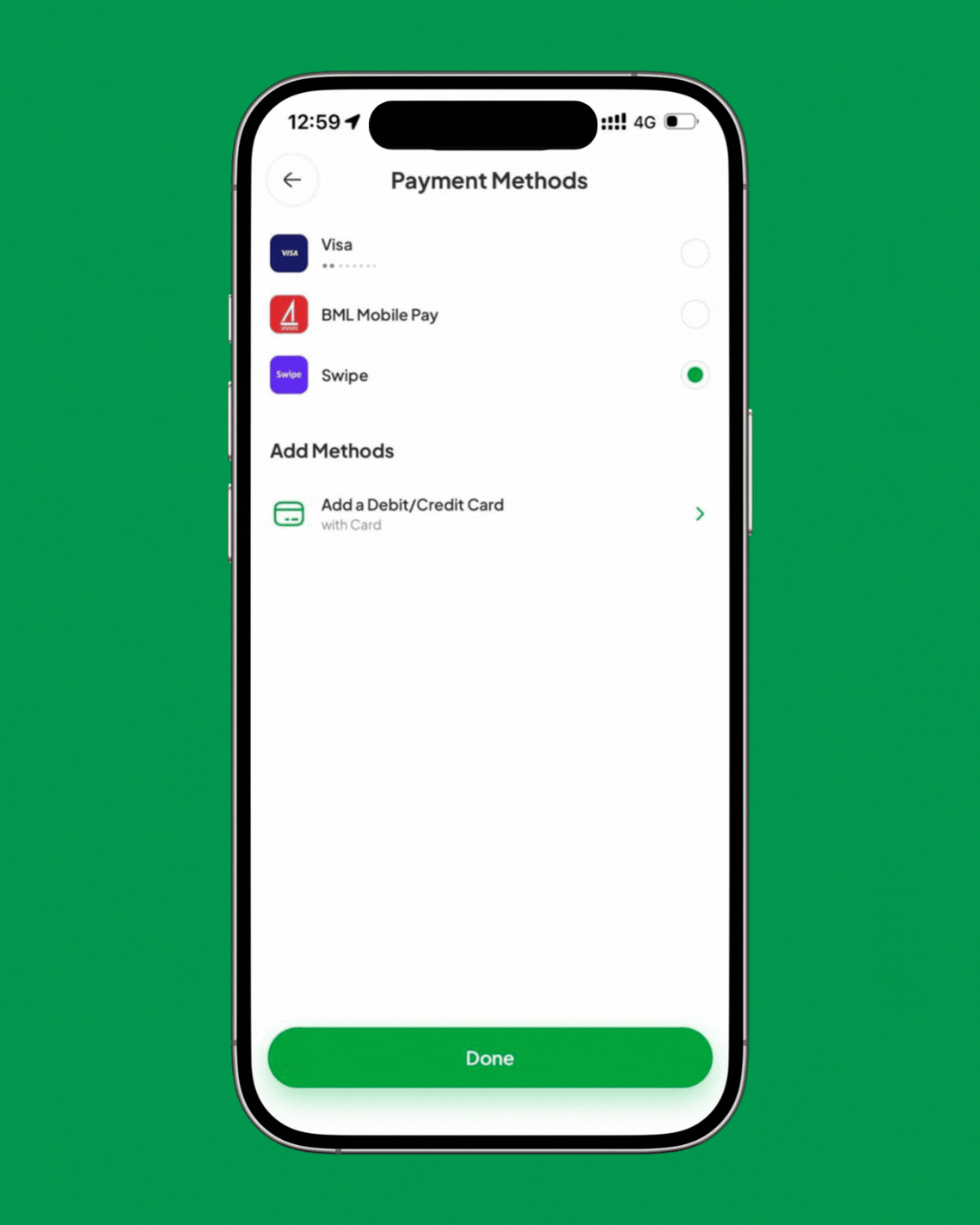 Picking a payment method in the Avas app